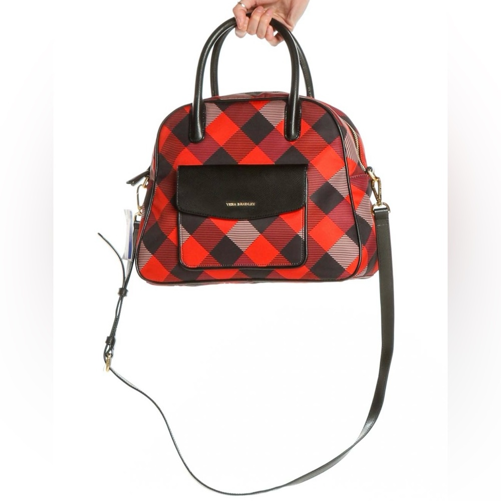 Vera Bradley Buffalo Check Bowler Satchel Purse Hand Bag Genuine Leather Trim C1